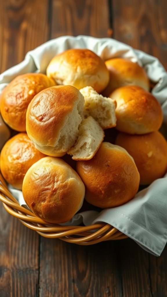 A basket of golden-brown dinner rolls showcasing fluffy texture, served with melted butter on a rustic table.